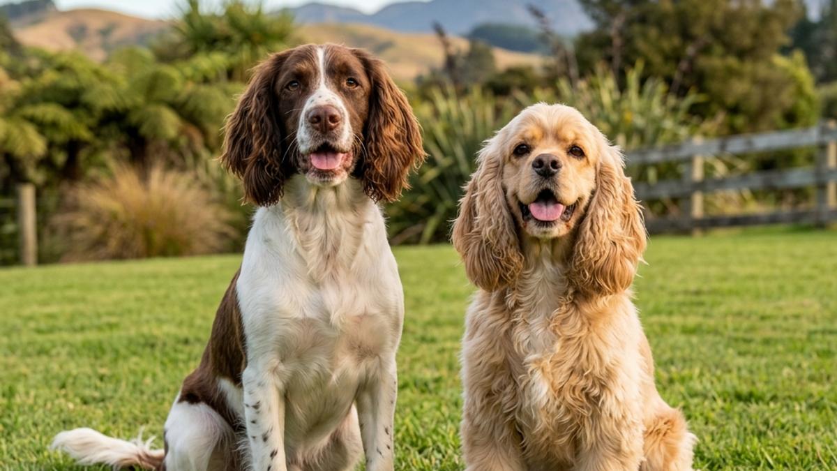 A happy English Springer Spaniel and an American Cocker Spaniel side by side in a New Zealand grassy lawn