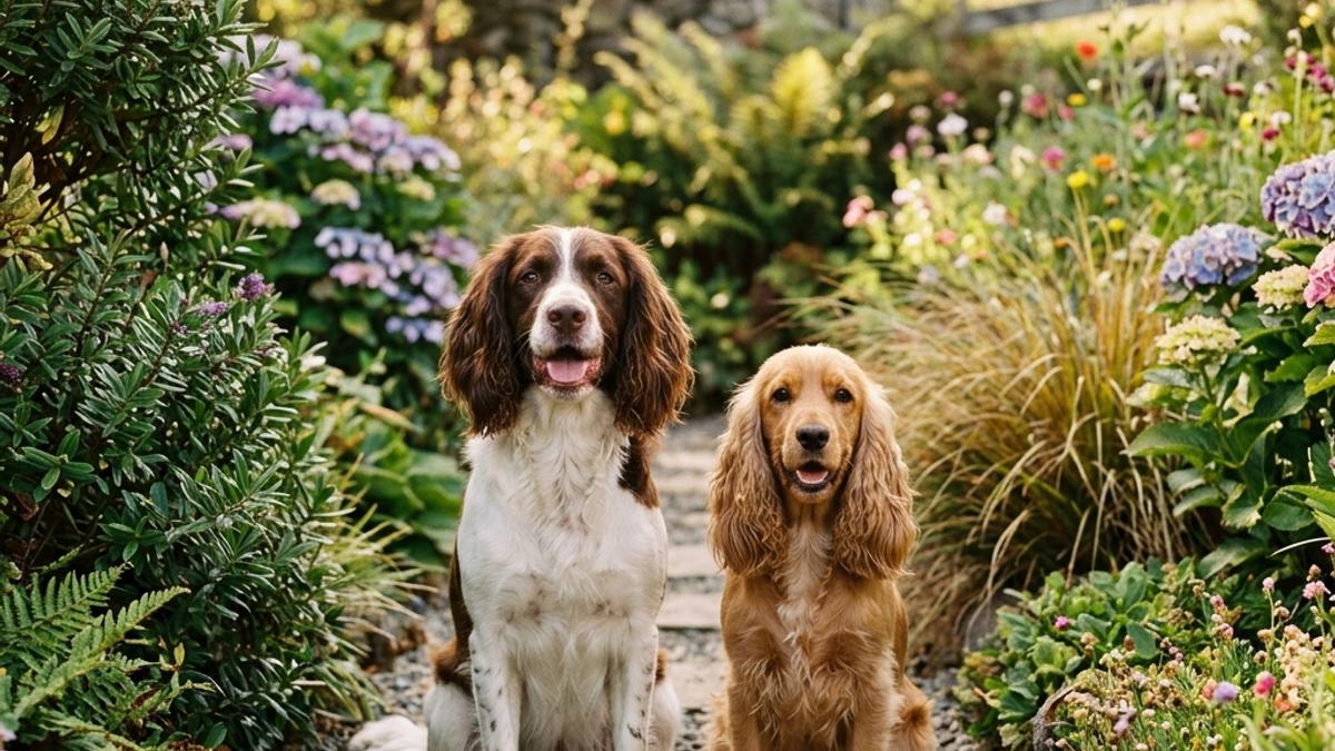 A happy English Springer Spaniel and a Cocker Spaniel side by side in a New Zealand garden setting