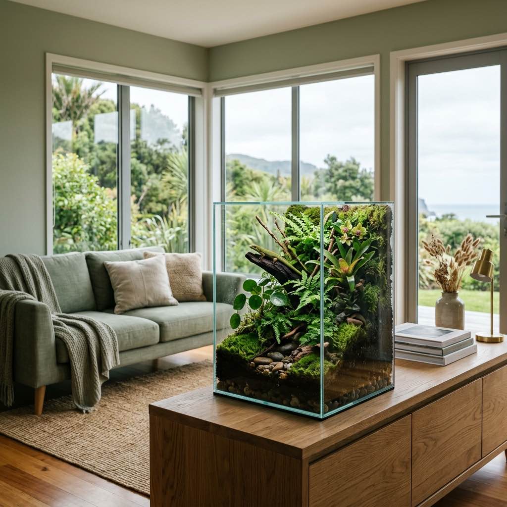 A sleek modern terrarium in a well-lit New Zealand living room