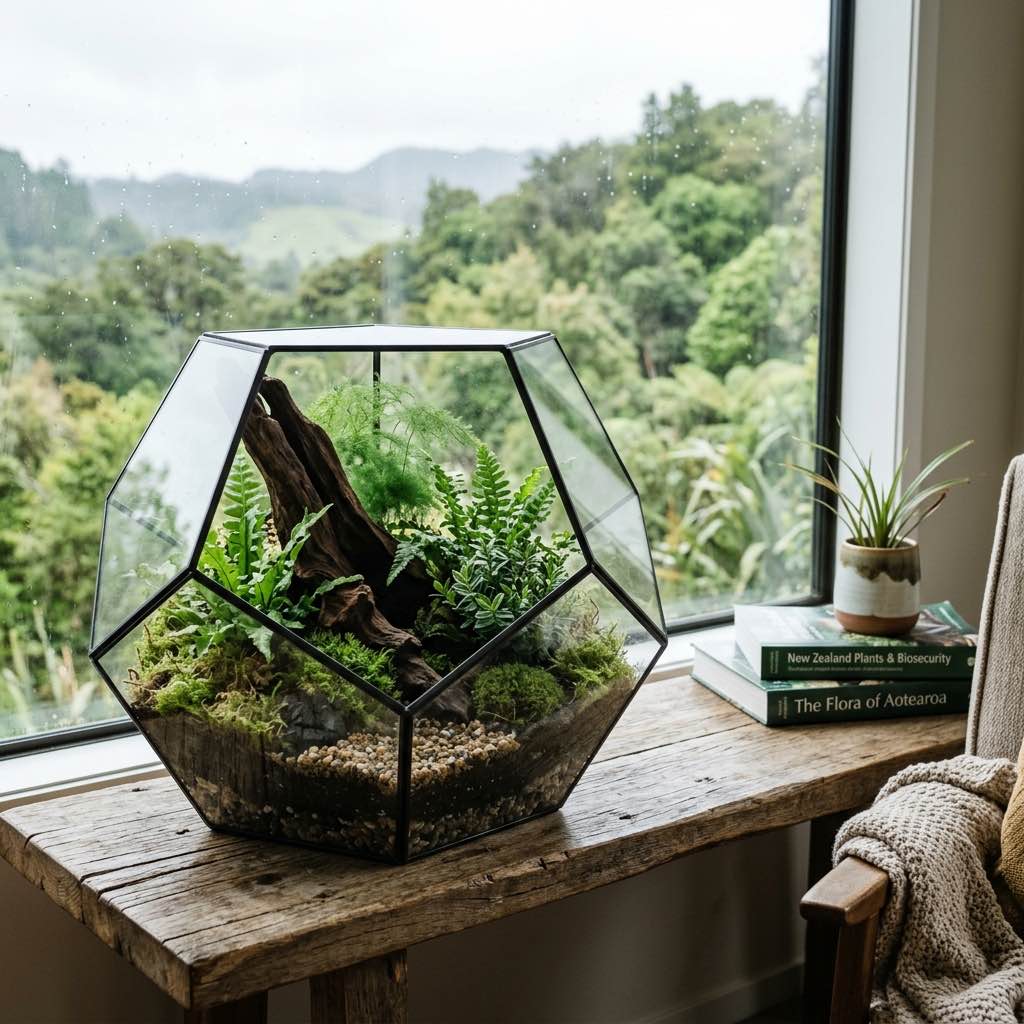 A beautiful empty modern terrarium with natural wood and sage green plants