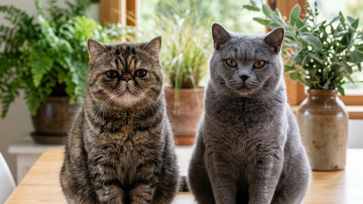 A flat-faced Exotic Shorthair cat and a round-faced British Shorthair cat sitting side-by-side on a light wooden table in a bright New Zealand room