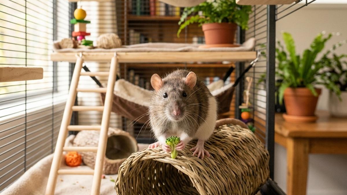 A happy fancy rat inside a well-equipped cage eating a piece of broccoli