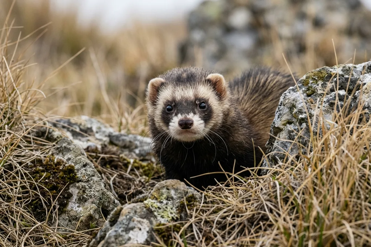 A close-up portrait of a wild polecat-marked ferret alertly looking forward among natural dry grass and rugged stones