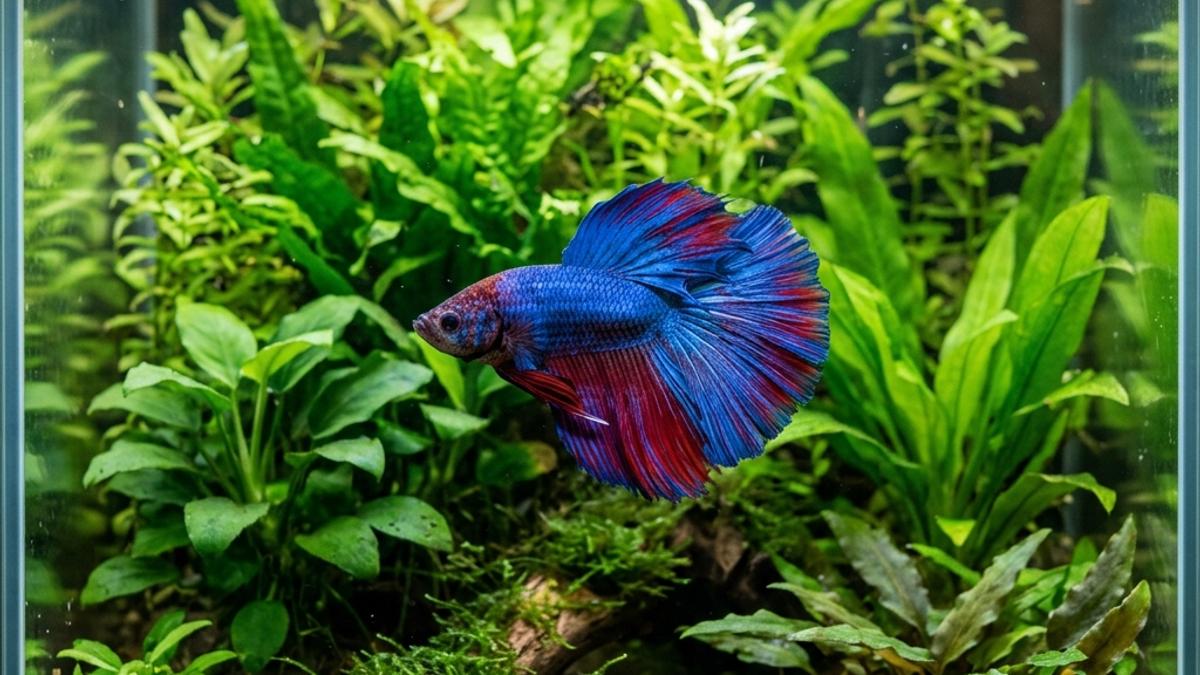 A bright blue and red Betta splendens (fighter fish) swimming in a planted home nano aquarium with lush green plants