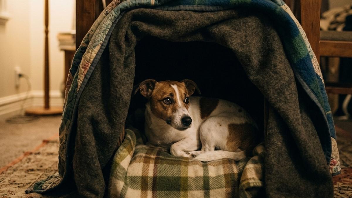 An anxious dog lying inside a quiet blanket-covered table den built to block out fireworks noise