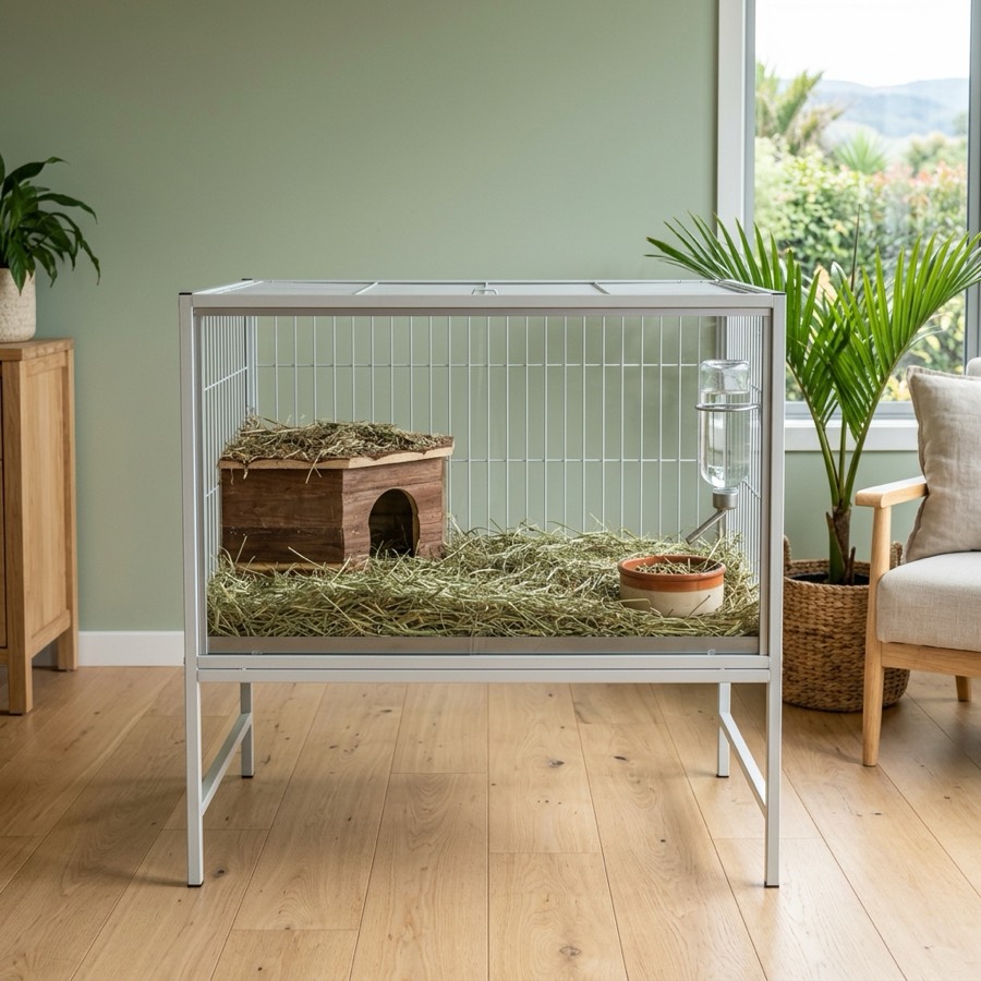 A clean and cozy indoor small pet cage setup with fresh hay and accessories in a bright New Zealand room