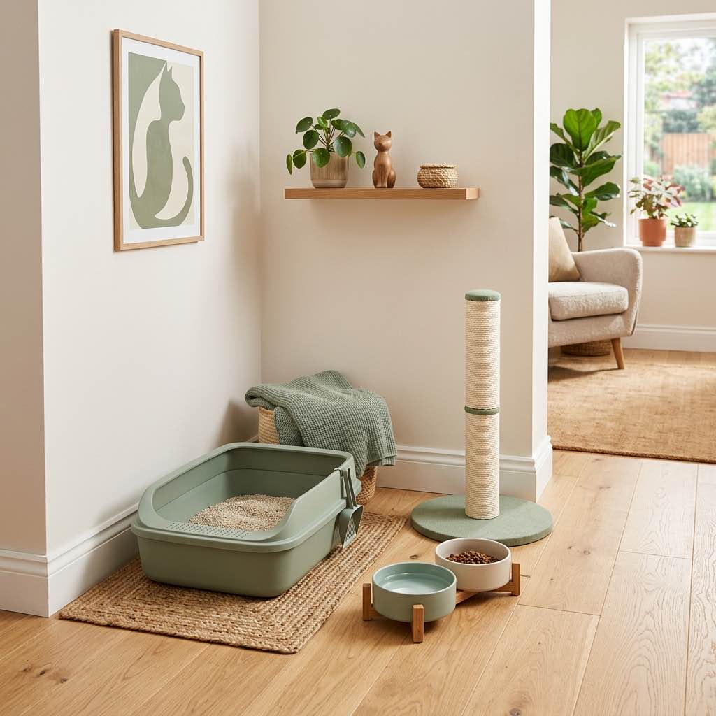 A perfectly set up corner for a new cat featuring a clean litter box and a small scratching post