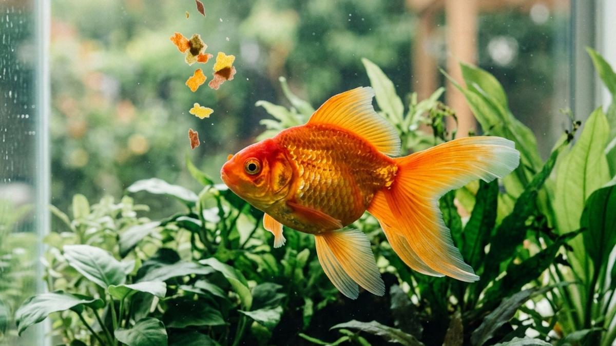 A colorful goldfish swimming in a clean aquarium in New Zealand, near floating fish food flakes