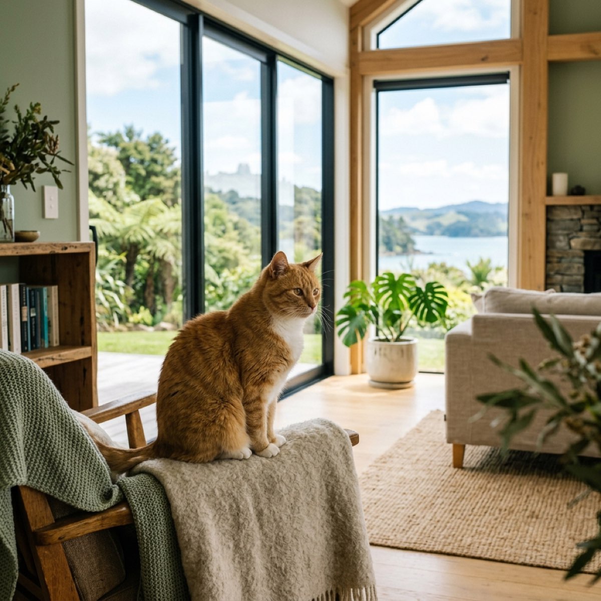 A cat sitting comfortably in a bright New Zealand home with sage green accents