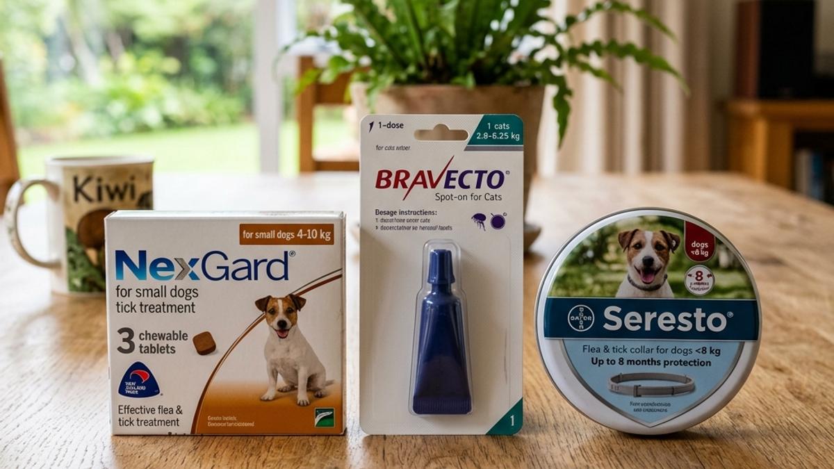 NexGard package, Bravecto spot-on applicator, and Seresto preventive collar box on a table