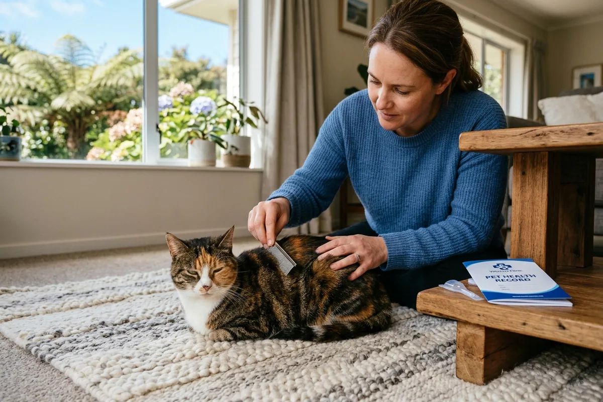A pet owner gently grooming a relaxed domestic cat on a woven wool rug in a sunny living room with pet health records nearby