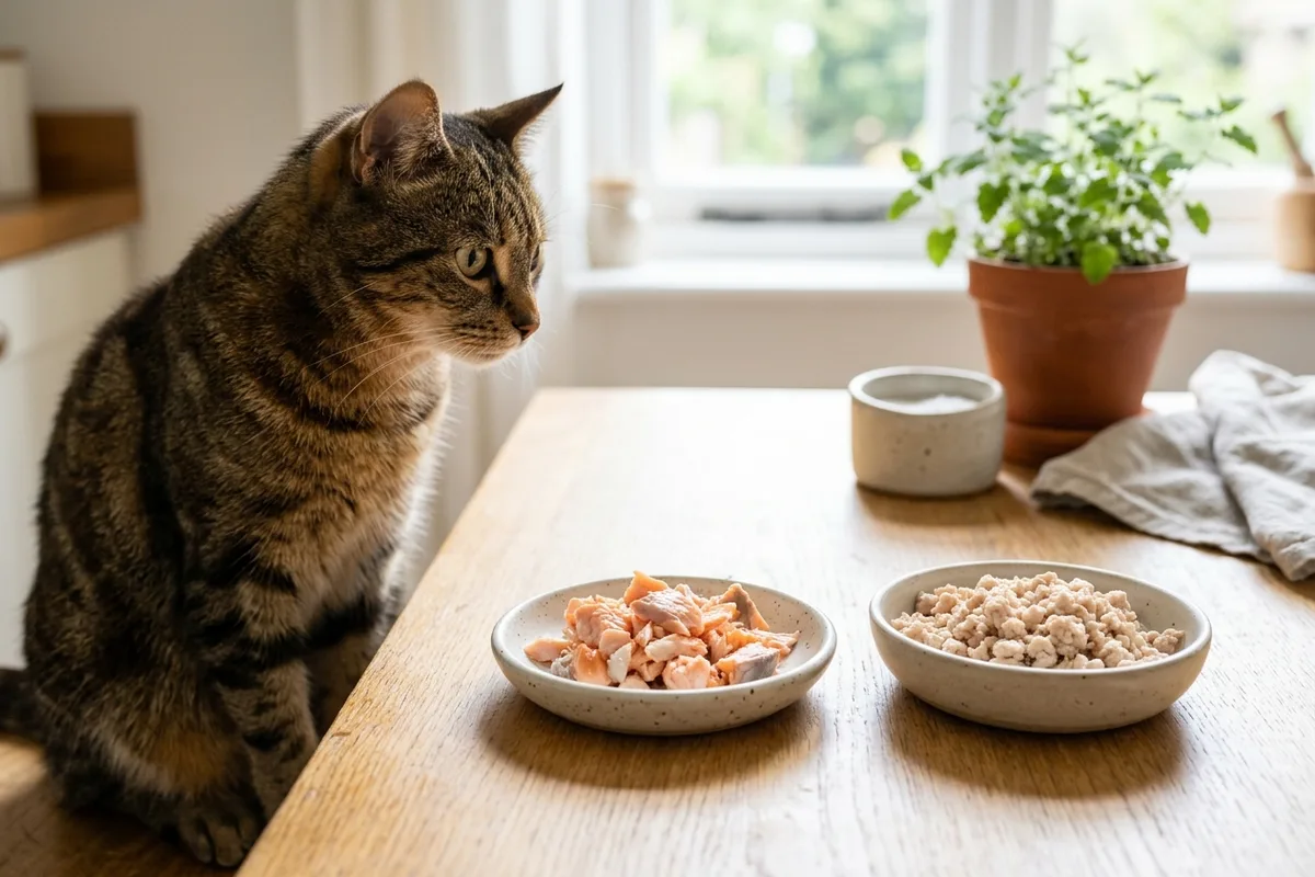 A domestic short-haired cat sitting calmly near ceramic dishes containing cat-safe cooked salmon flakes and minced chicken on a bright wooden kitchen table