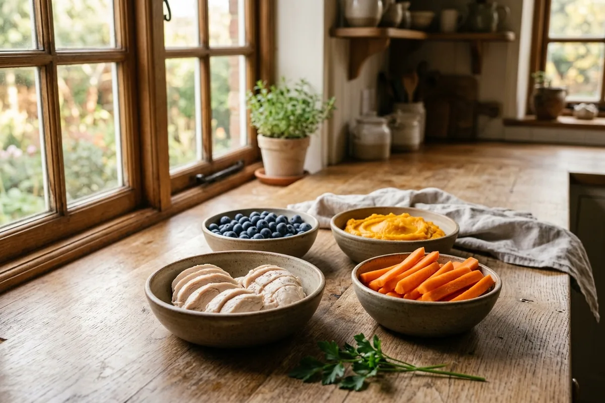 Dog-safe healthy whole foods neatly arranged on a rustic wooden kitchen counter including sliced cooked chicken breast, fresh blueberries, pumpkin puree, and carrot sticks