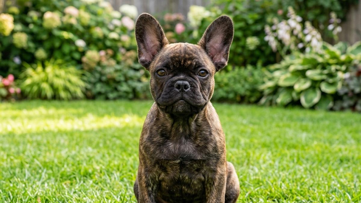 A healthy, registered brindle French Bulldog puppy sitting on green grass in a sunny backyard garden