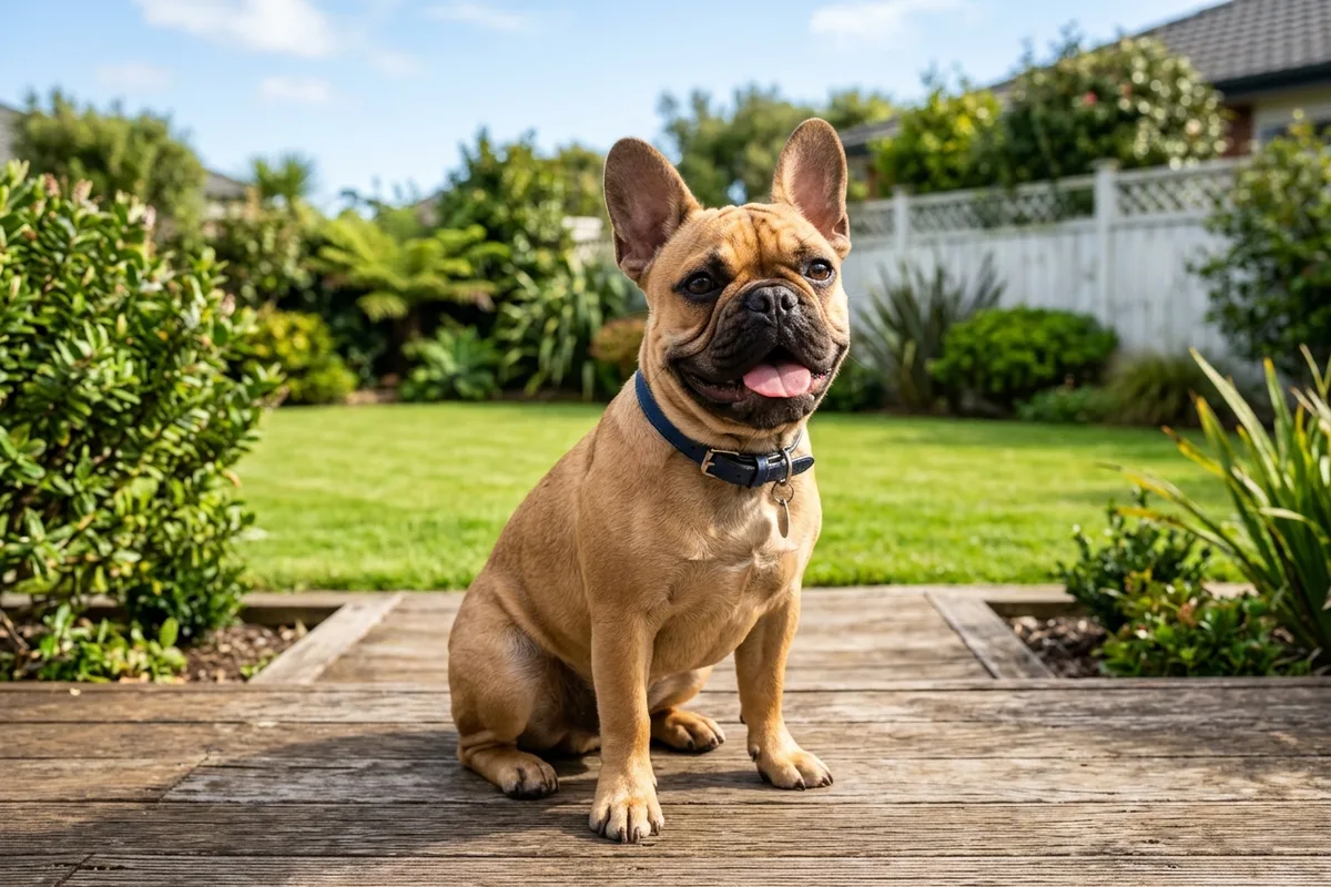 A healthy fawn French Bulldog dog sitting contentedly on a sunny timber deck in a residential New Zealand suburban garden