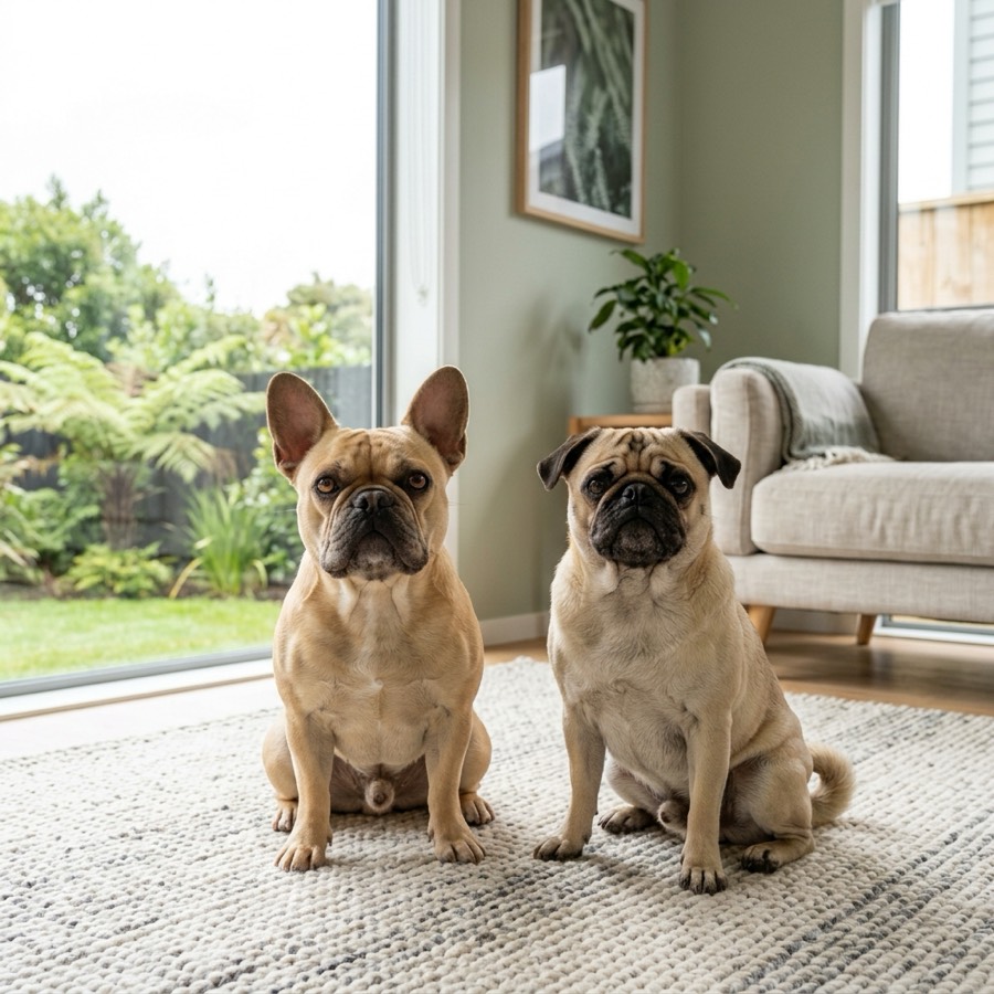 A French Bulldog and a Pug sitting next to each other on a cozy rug in a modern New Zealand home