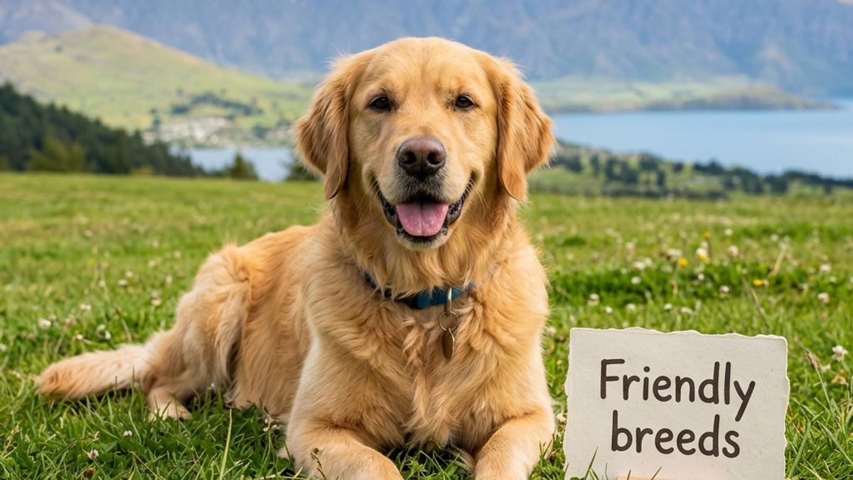 A friendly smiling Golden Retriever lying on grass in front of South Island mountains next to a card