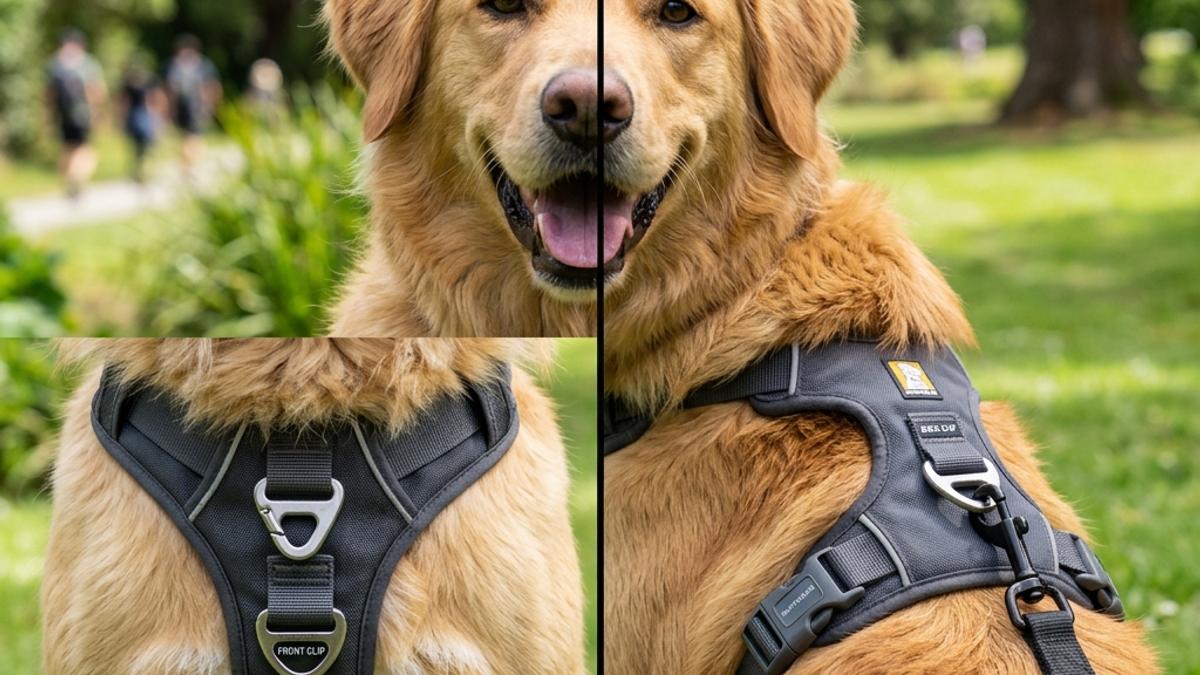 A split close-up of a dog harness showing the front-clip ring on its chest and the back-clip ring on its back