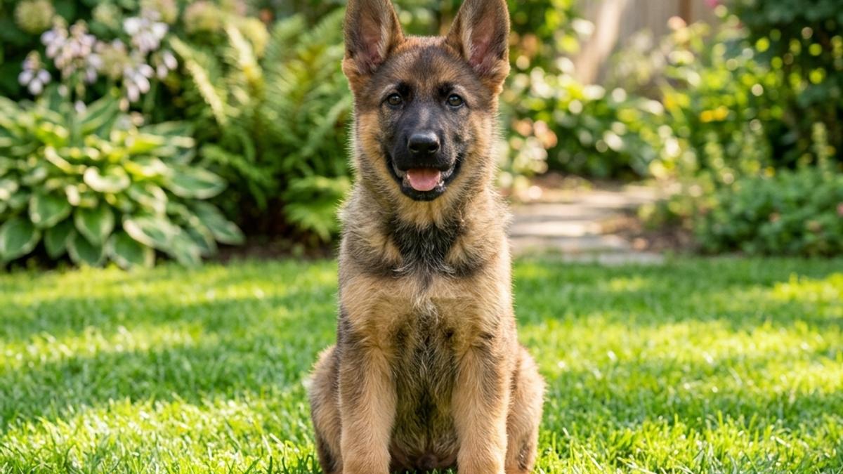 A healthy, registered German Shepherd puppy sitting on green grass in a sunny backyard garden