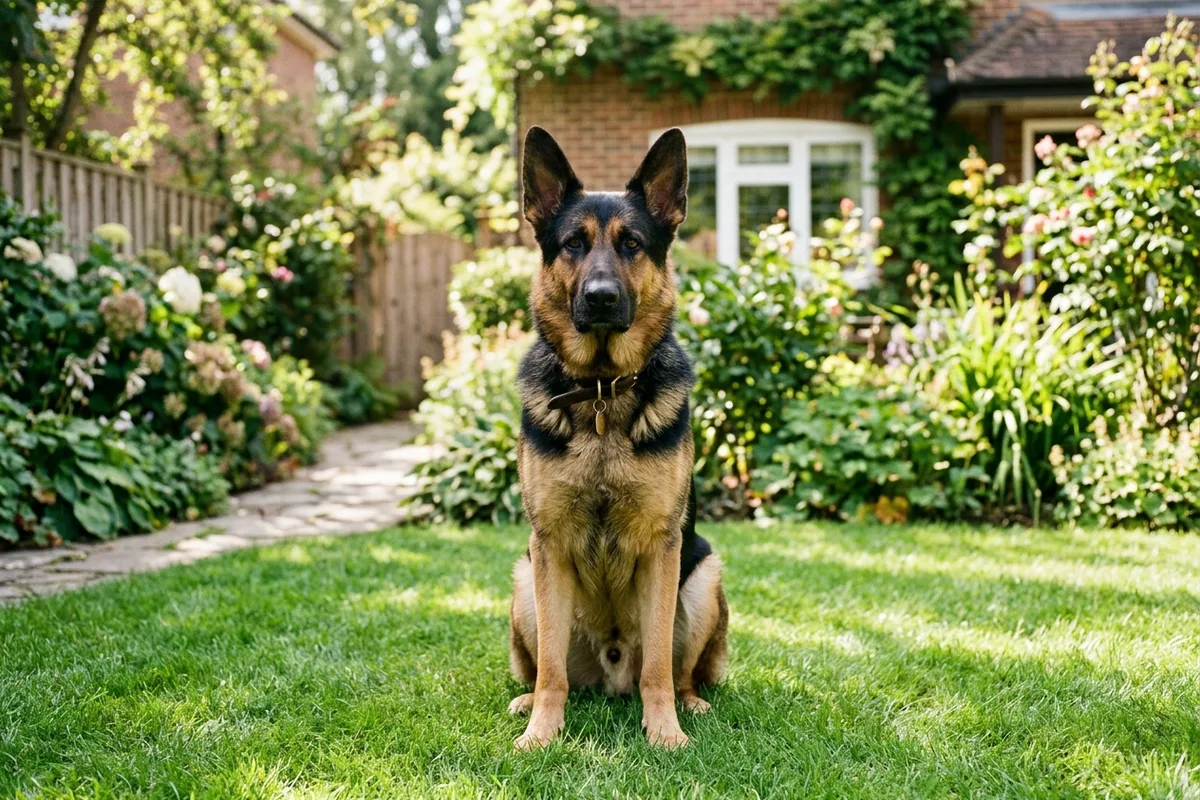 A noble black and tan German Shepherd dog with erect ears sitting proudly on a green lawn in a sunny suburban garden