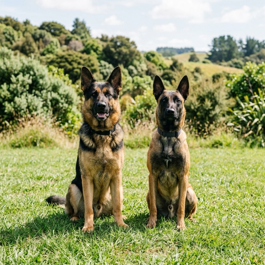 A German Shepherd and an alert Belgian Malinois sitting next to each other on green grass in New Zealand