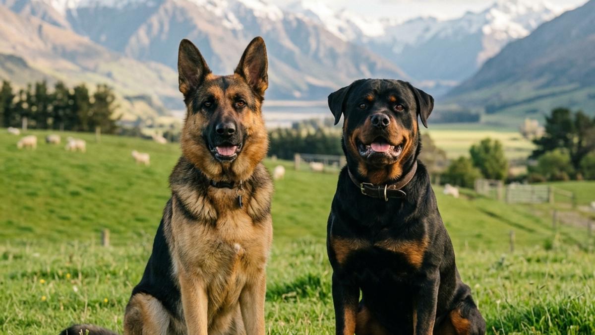 A German Shepherd and a Rottweiler sitting side by side on a green paddock with snow-capped mountains