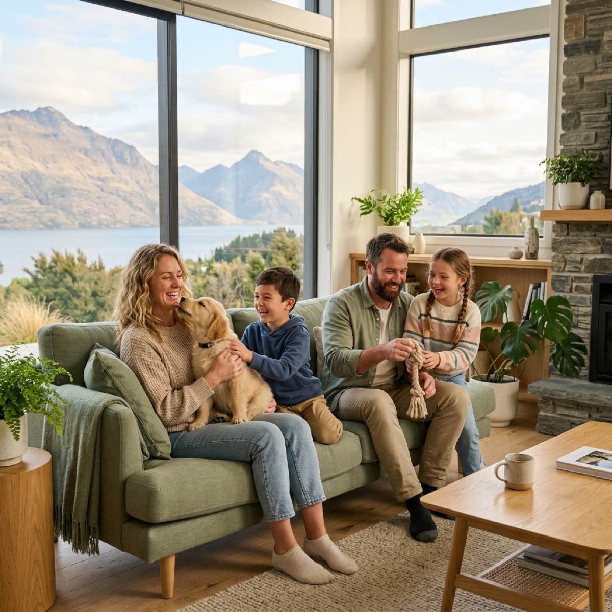 A family sitting in a bright New Zealand living room happily interacting with a new puppy