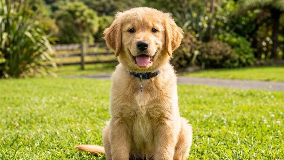 A healthy, happy golden retriever puppy sitting on green grass with New Zealand cabbage trees and green hills in the background