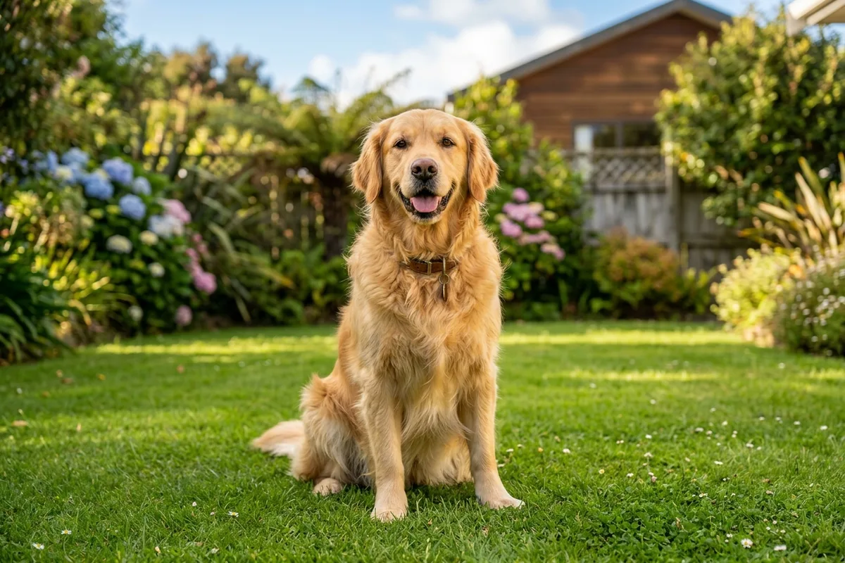 A friendly golden retriever dog sitting contentedly on a lush green lawn in a sunny residential garden
