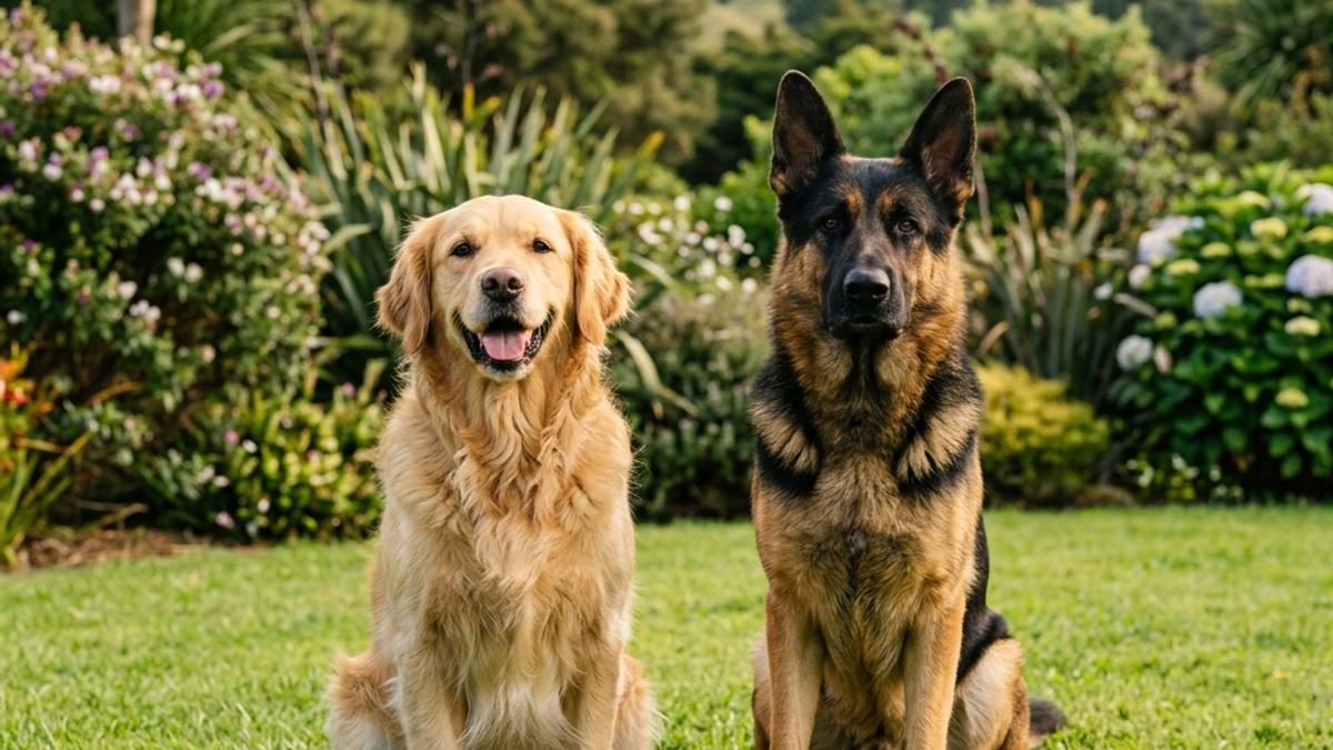 A happy Golden Retriever and a German Shepherd sitting together in a New Zealand setting, illustrating golden retriever vs german shepherd nz: which large breed is right for you?
