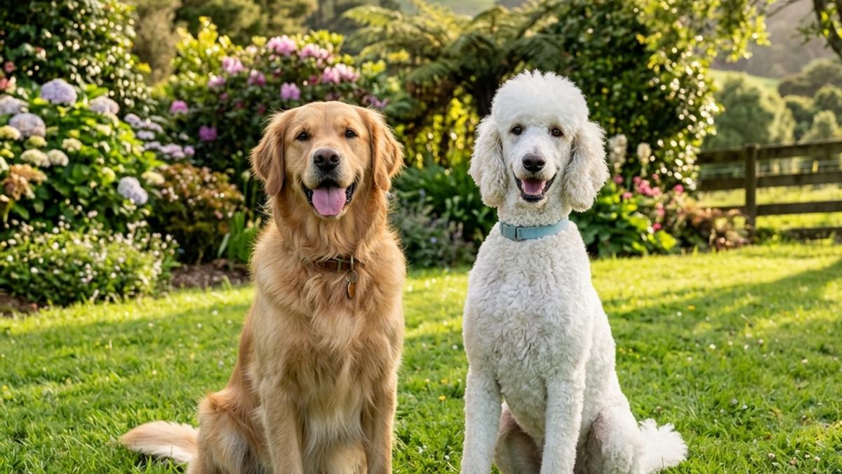 A golden retriever and a Standard Poodle sitting together on the grass in a New Zealand garden