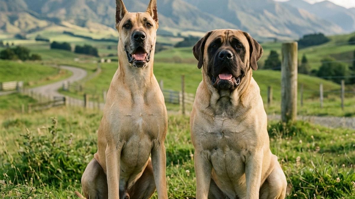 A happy Great Dane dog and an English Mastiff side by side in a New Zealand farm environment