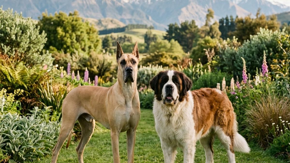 A friendly Great Dane and a fluffy Saint Bernard dog standing side-by-side in a spacious New Zealand garden