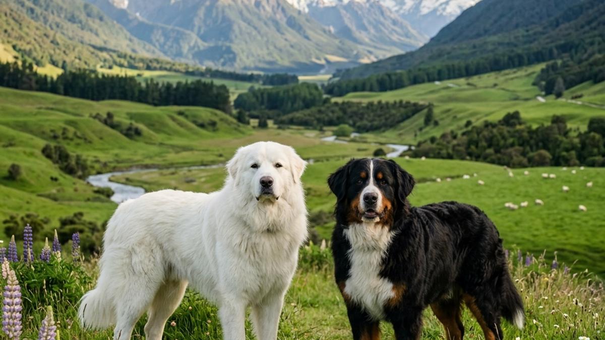 A majestic white Great Pyrenees and a sturdy tri-color Bernese Mountain Dog standing side-by-side in a lush green New Zealand valley