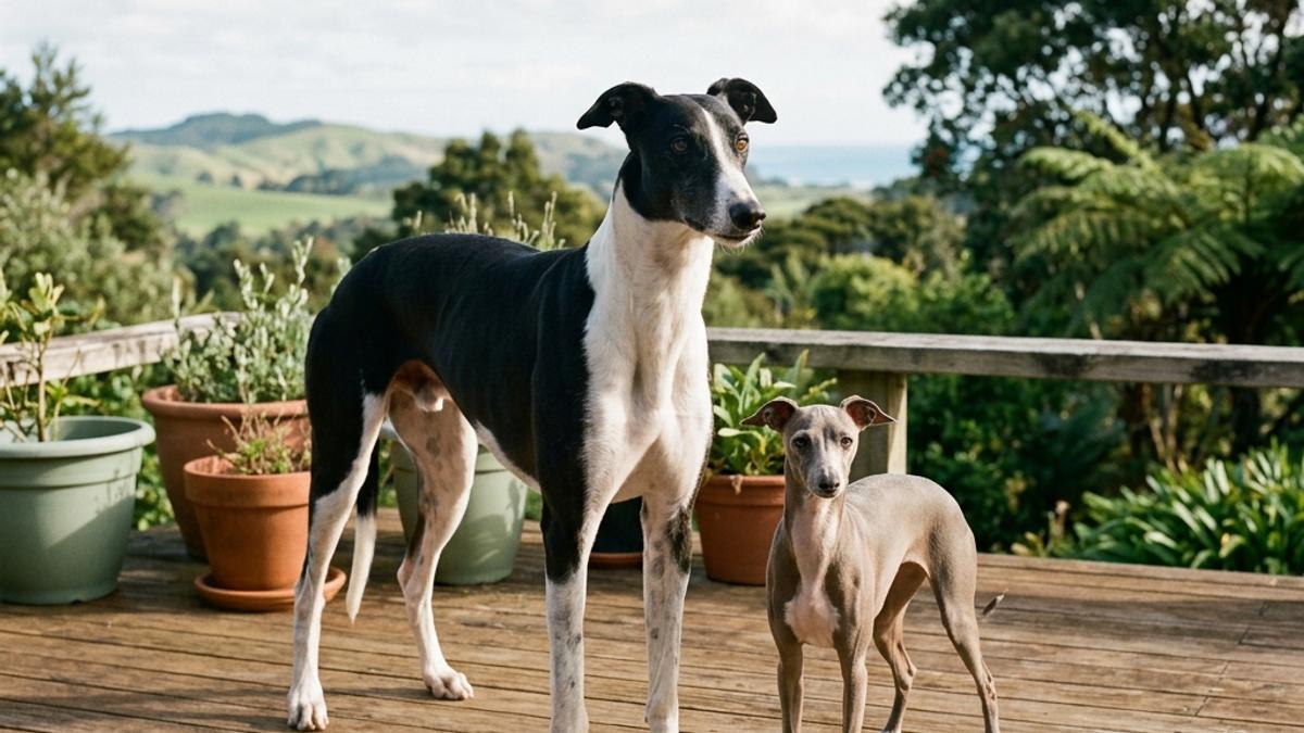 A tall sleek Greyhound and a tiny delicate Italian Greyhound standing side-by-side on a warm wooden deck in New Zealand