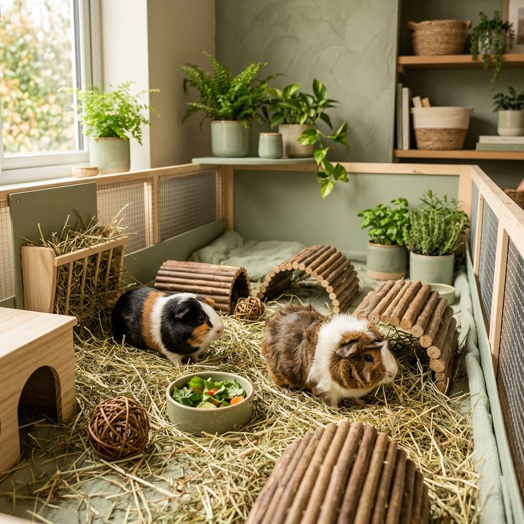 Two cute guinea pigs exploring a clean spacious indoor pen with fresh hay