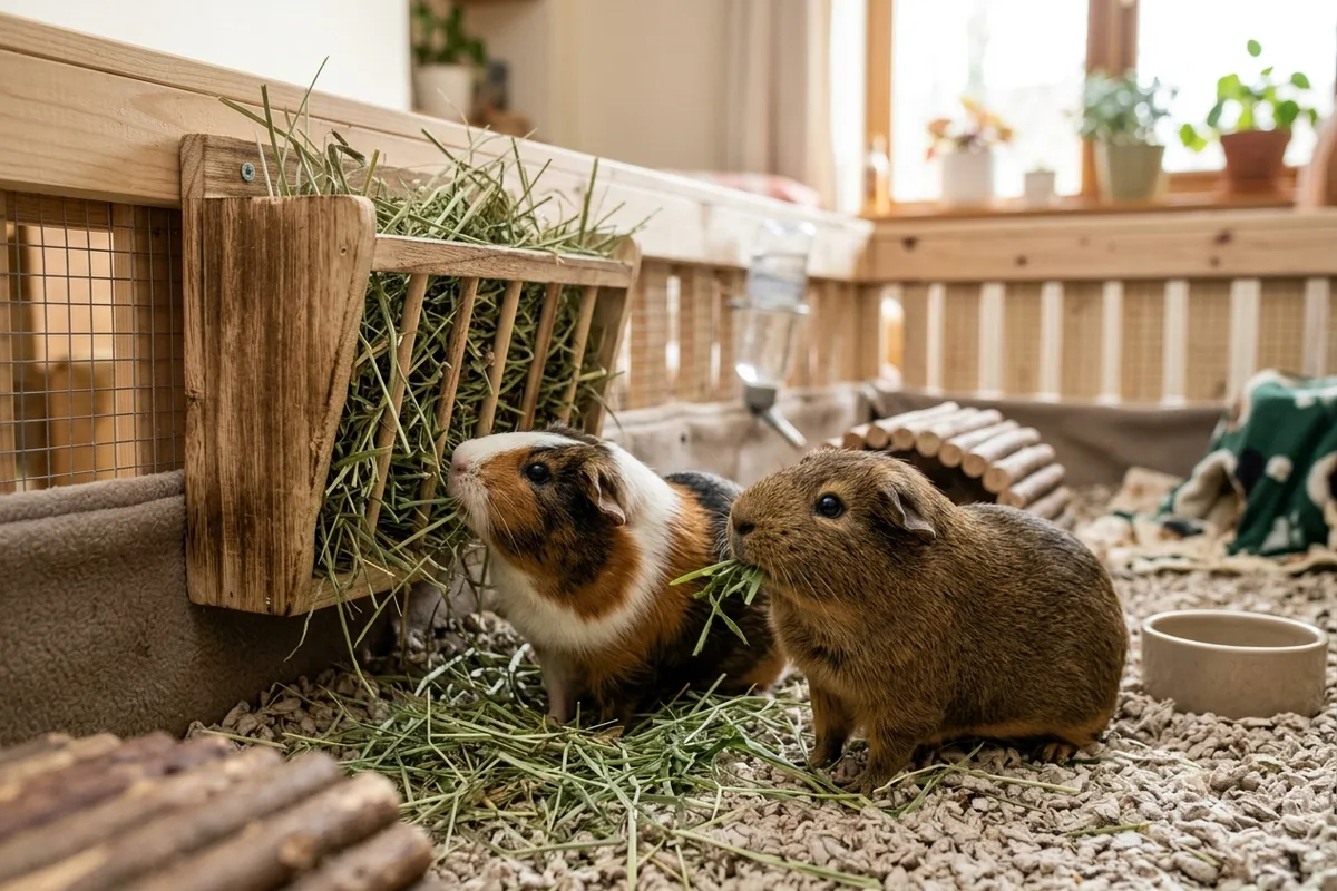 Two calm domestic guinea pigs enjoying fresh green Timothy hay and leafy vegetables in a clean spacious home pen