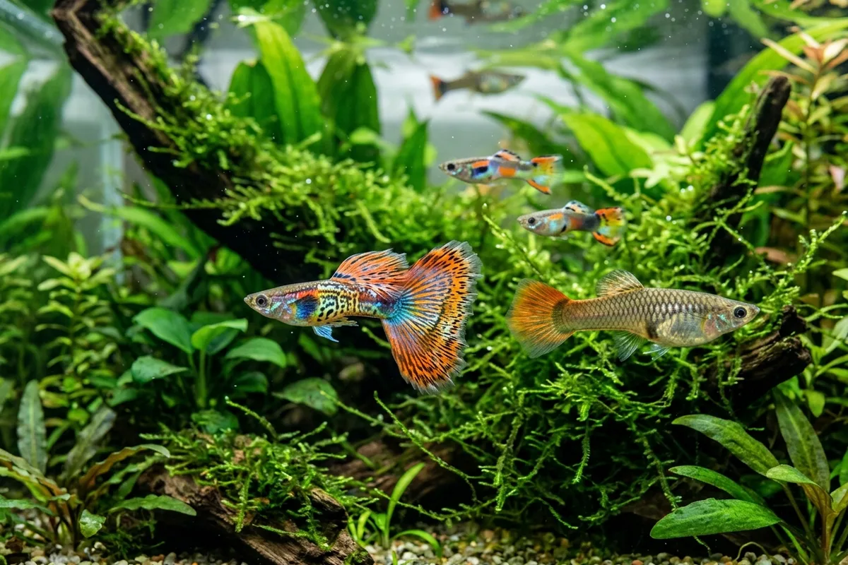 Several colourful fancy male and female guppies with vibrant tails swimming gracefully among green aquatic plants in a freshwater aquarium