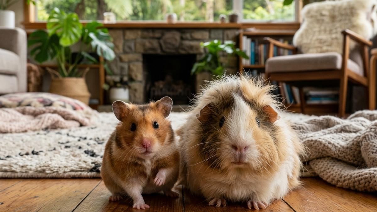 A Syrian hamster and a fluffy guinea pig sitting side-by-side on a wooden floor in a New Zealand living room