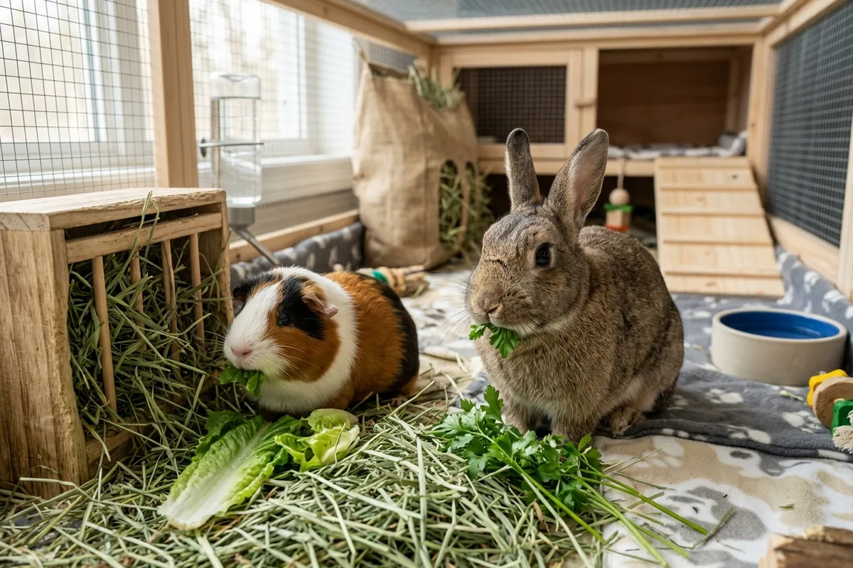 A domestic tri-colour guinea pig and companion bunny eating fresh greens and timothy hay indoors as legal small pet alternatives in New Zealand
