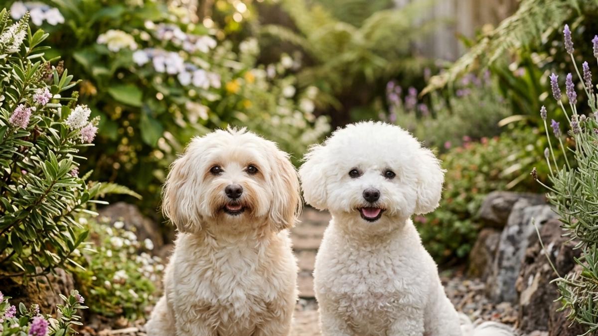 A happy Havanese dog and a Bichon Frise side by side in a New Zealand garden setting