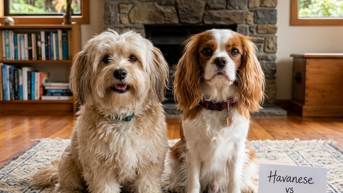 A fluffy Havanese and chestnut-and-white Cavalier King Charles Spaniel dog sitting side by side next to a card
