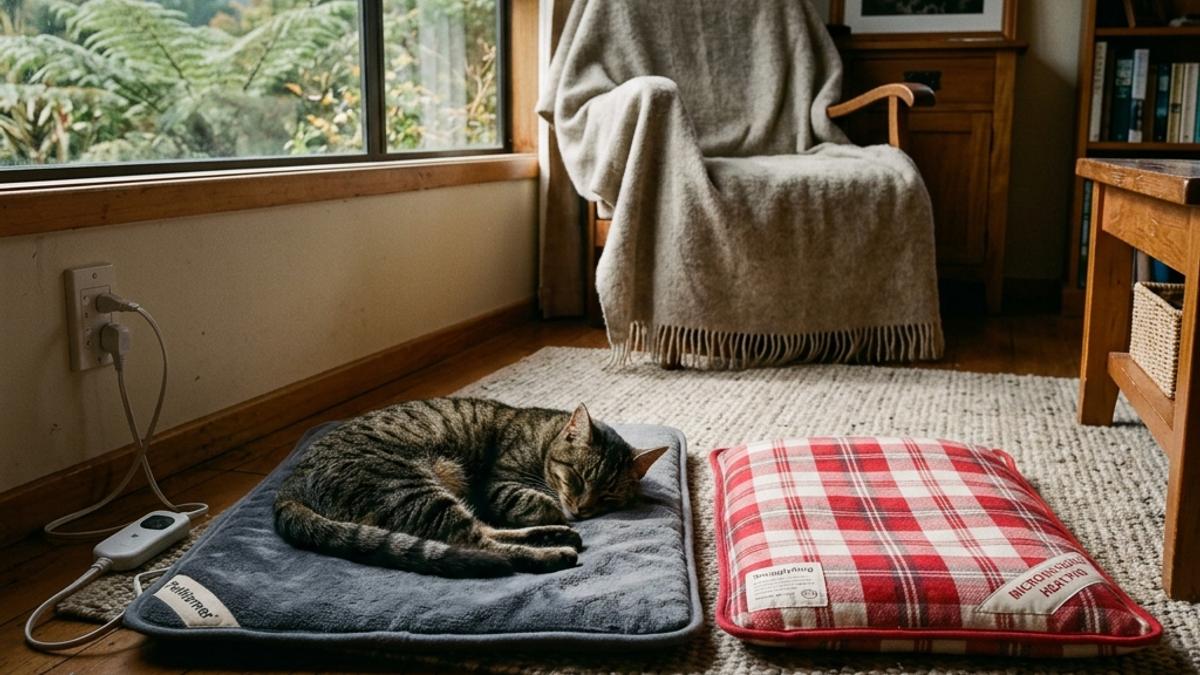 Two heated pet beds on the floor with a sleeping cat in warm daylight