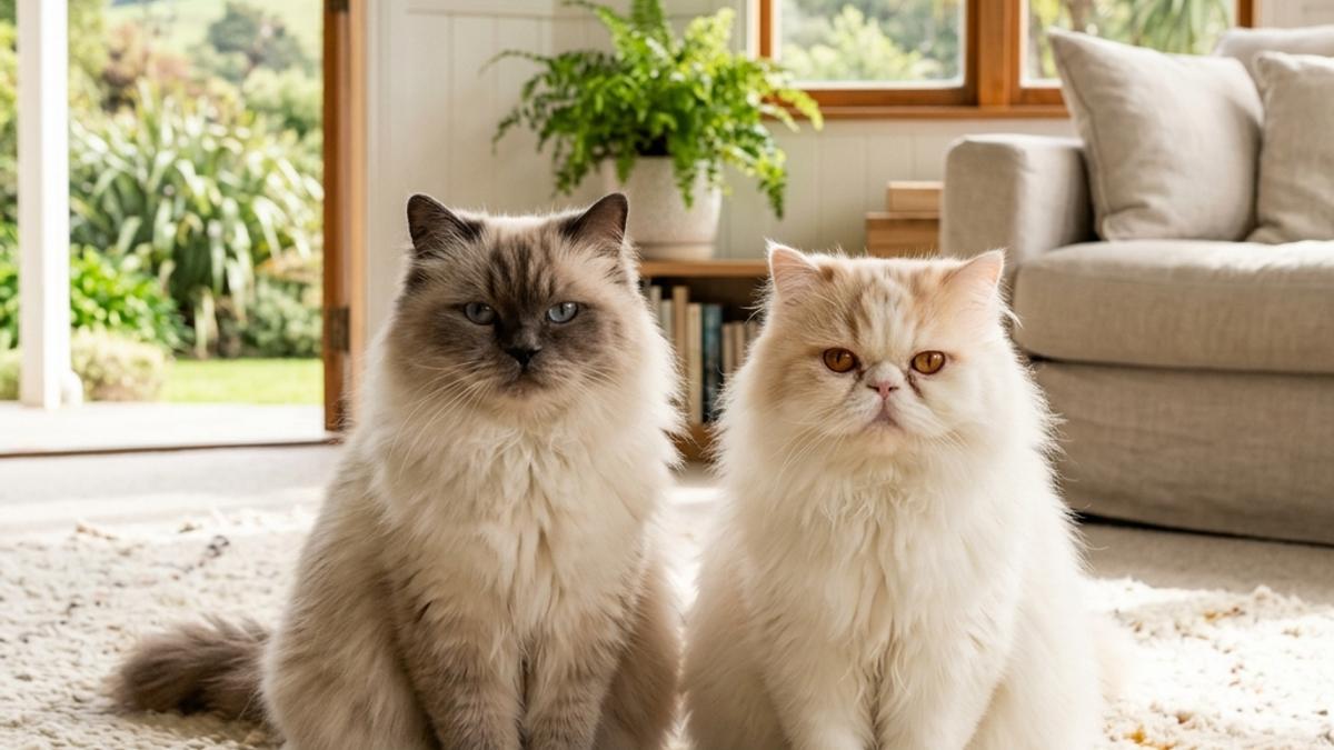 A fluffy Himalayan cat and a round-faced Persian cat sitting side-by-side on a soft rug in a sunny New Zealand living room