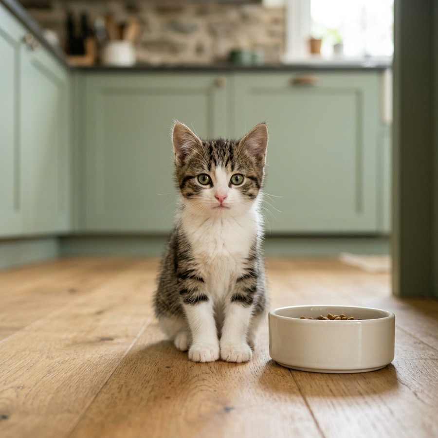 A small domestic tabby kitten sitting next to a ceramic food bowl in a kitchen