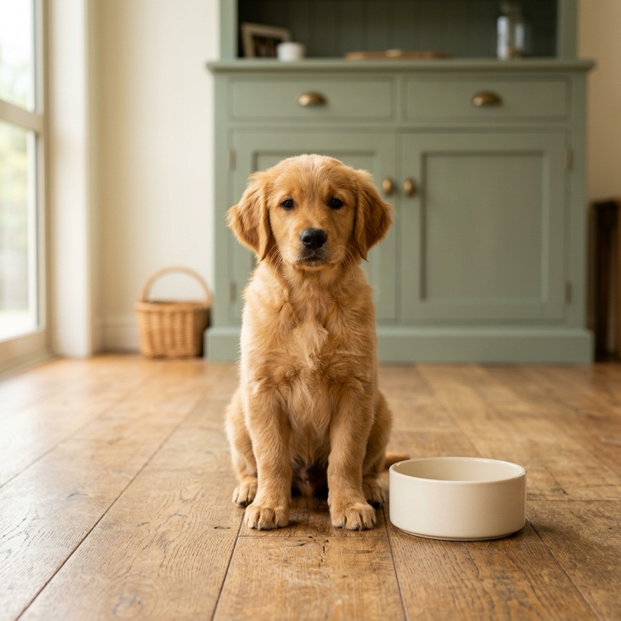A golden retriever puppy sitting next to a plain ceramic food bowl on a wooden floor