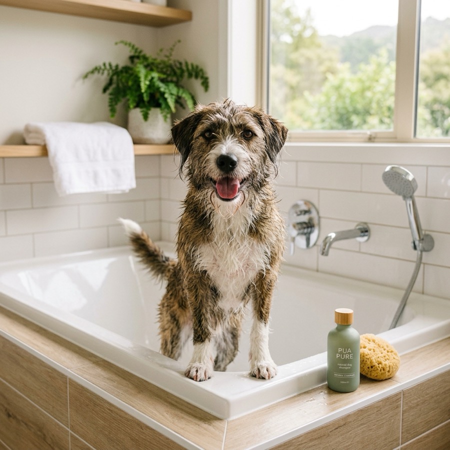 A happy wet mixed-breed dog standing inside a bathtub with a shampoo bottle nearby