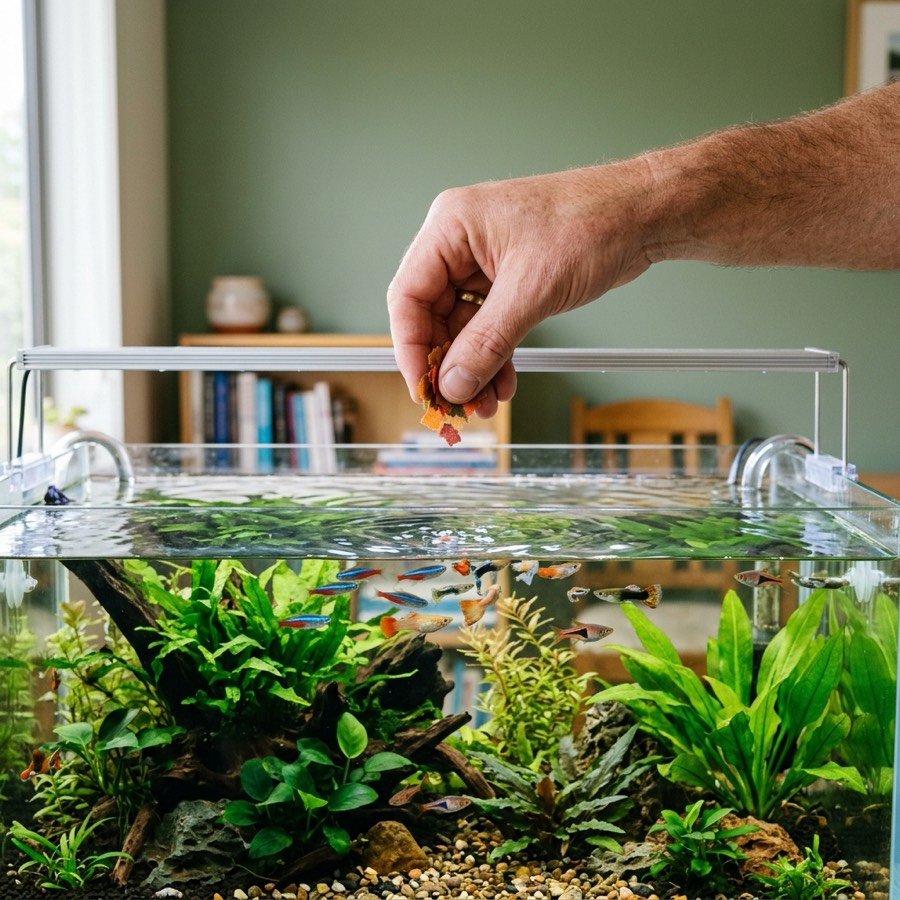 Colorful small aquarium fish swimming towards the water surface to feed in a clean planted tank