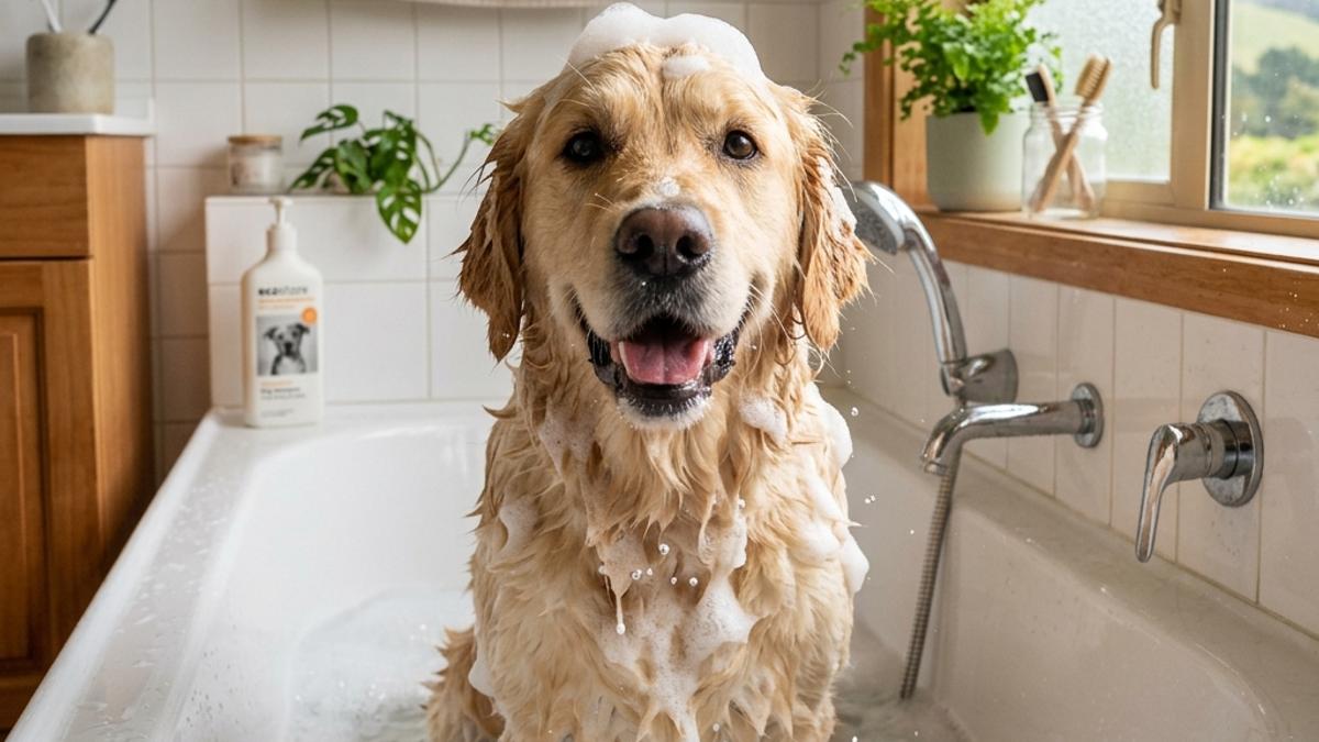 A happy golden retriever covered in soapy bubbles sitting inside a white bathtub during a bath in New Zealand