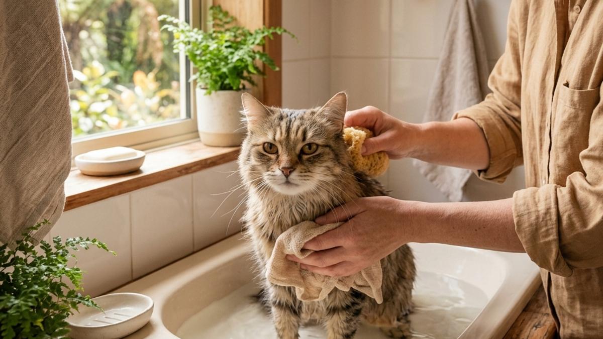 A happy, calm cat being bathed gently in a New Zealand home sink